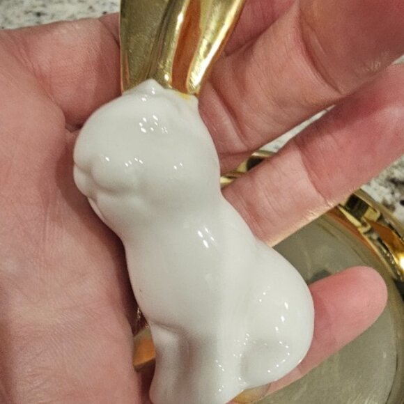 Porcelain Bunny Rabbit Ring Holder Trinket Dish White Gold - Picture 6 of 6